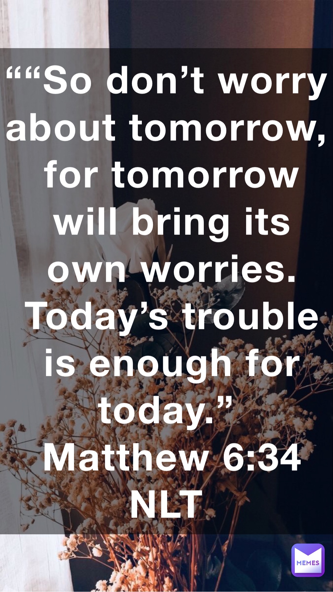 ““So don’t worry about tomorrow, for tomorrow will bring its own worries. Today’s trouble is enough for today.”
‭‭Matthew‬ ‭6:34‬ ‭NLT‬‬