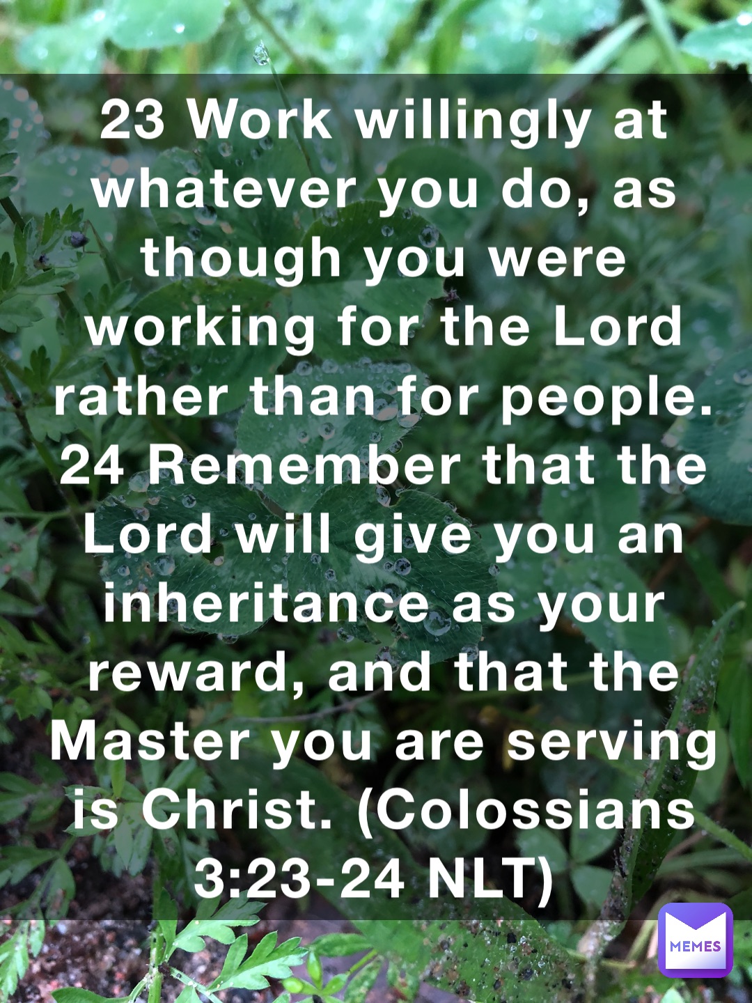 23 Work willingly at whatever you do, as though you were working for the Lord rather than for people. 24 Remember that the Lord will give you an inheritance as your reward, and that the Master you are serving is Christ. (‭‭‭Colossians‬ ‭3‬‬:‭23‬-‭24‬ ‭NLT‬‬)