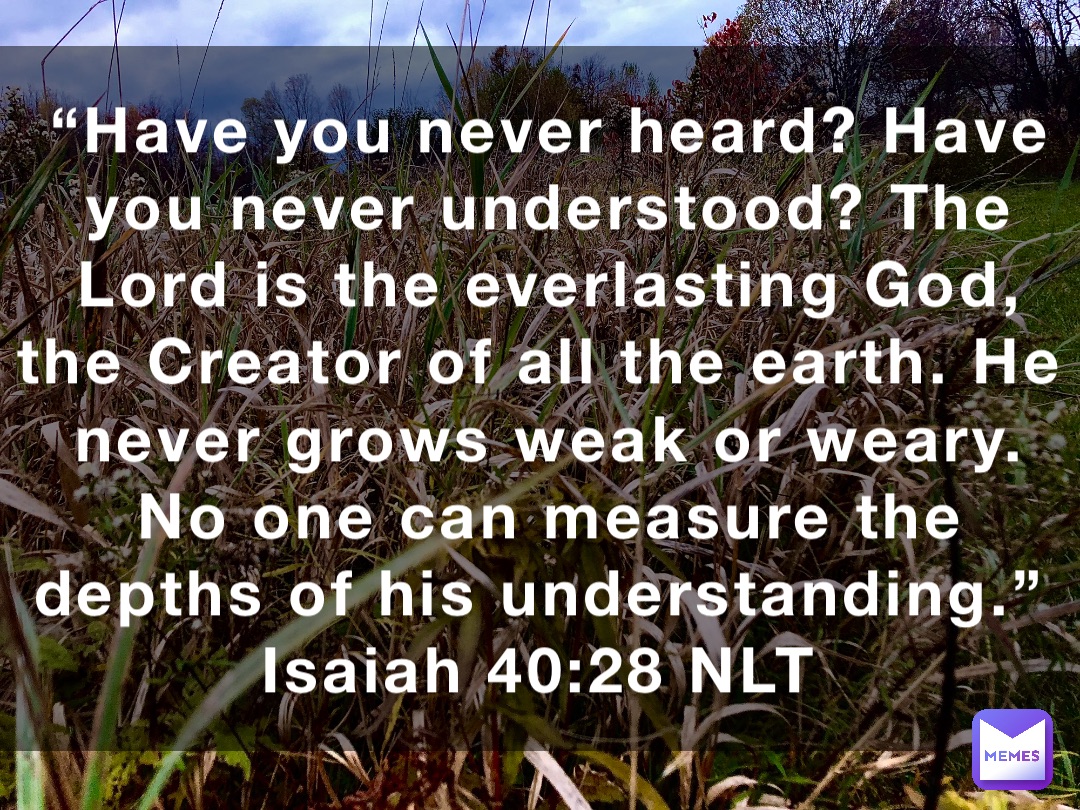 “Have you never heard? Have you never understood? The Lord is the everlasting God, the Creator of all the earth. He never grows weak or weary. No one can measure the depths of his understanding.”
‭‭Isaiah‬ ‭40‬:‭28‬ ‭NLT‬‬