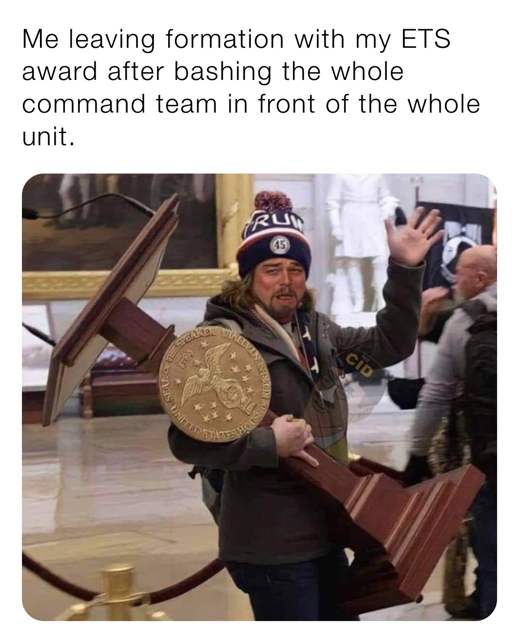 Me leaving formation with my ETS award after bashing the whole command team in front of the whole unit. 