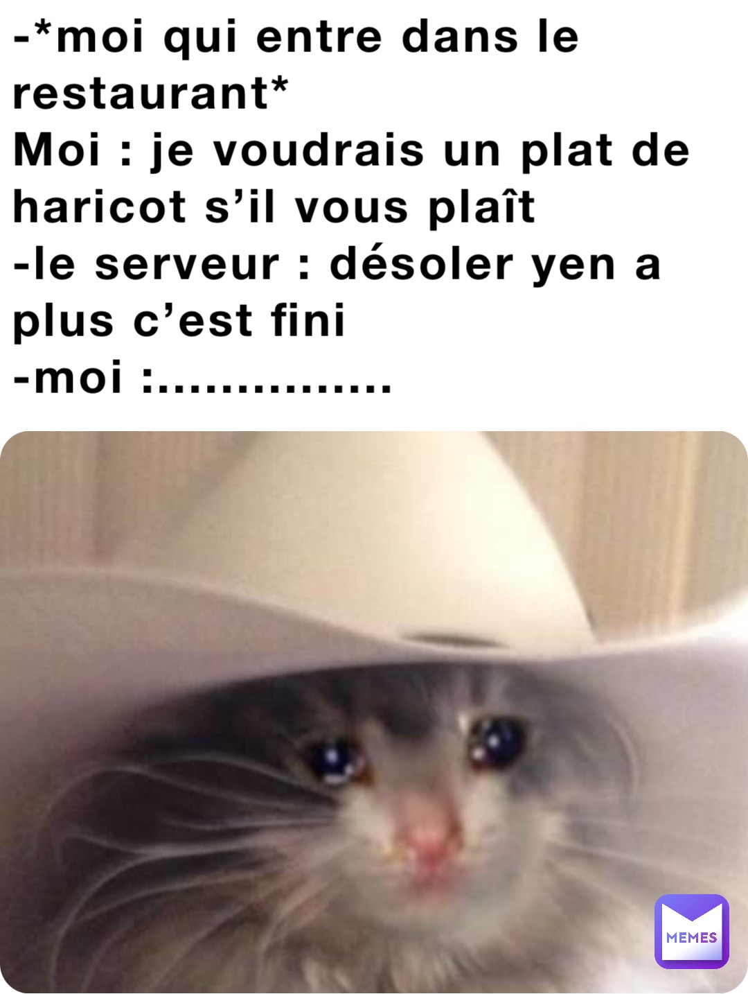 -*moi qui entre dans le restaurant*
Moi : je voudrais un plat de haricot s’il vous plaît
-le serveur : désoler yen a plus c’est fini
-moi :...............