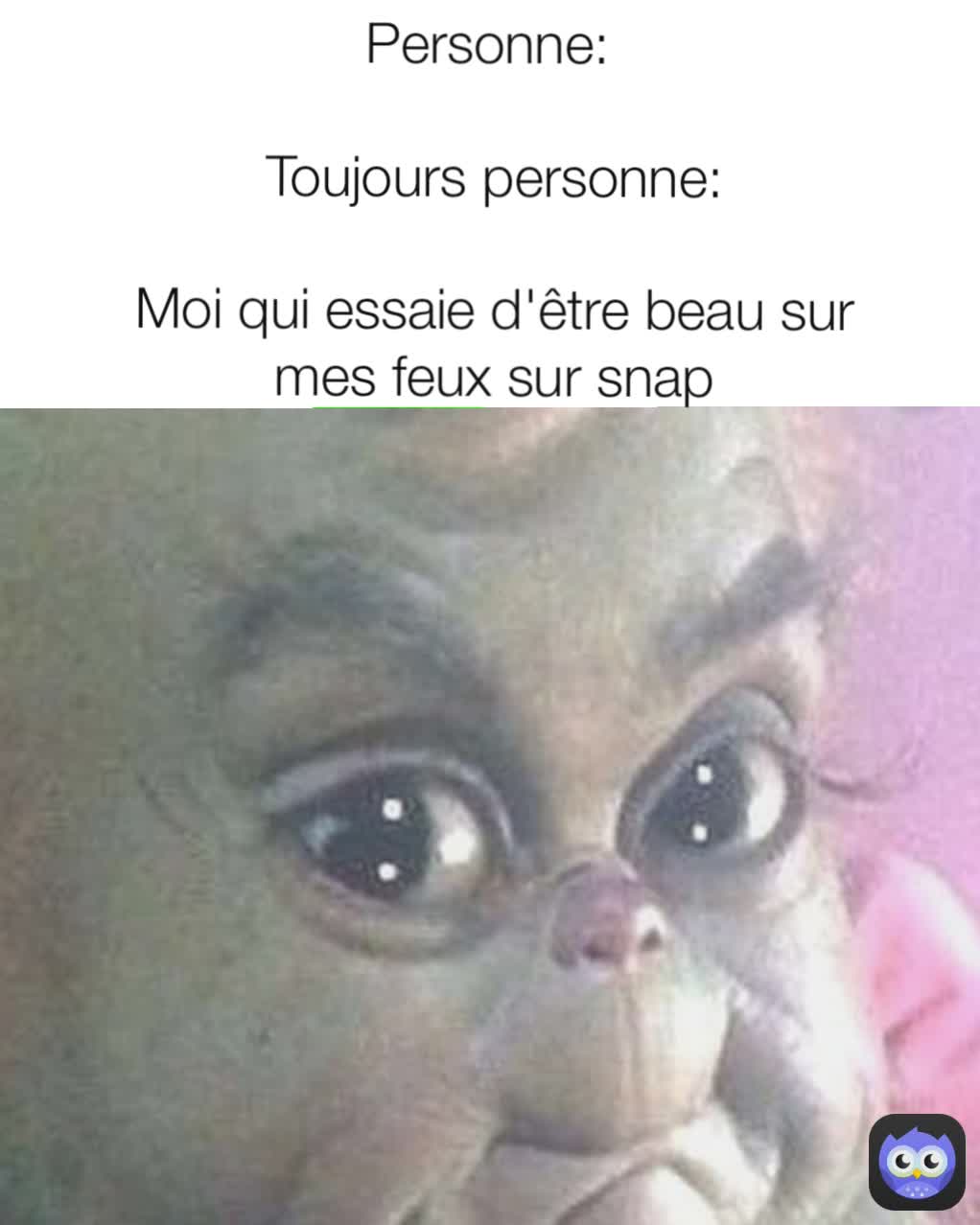 Personne: 

Toujours personne:

Moi qui essaie d'être beau sur mes feux sur snap