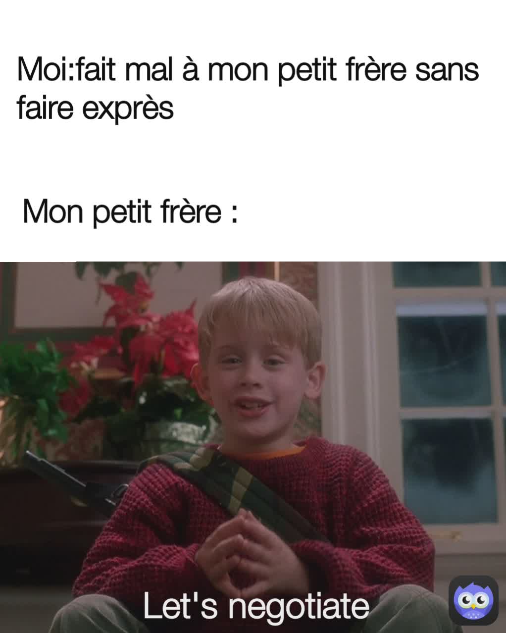 Moi:fait mal à mon petit frère sans faire exprès Let's negotiate Mon petit frère :