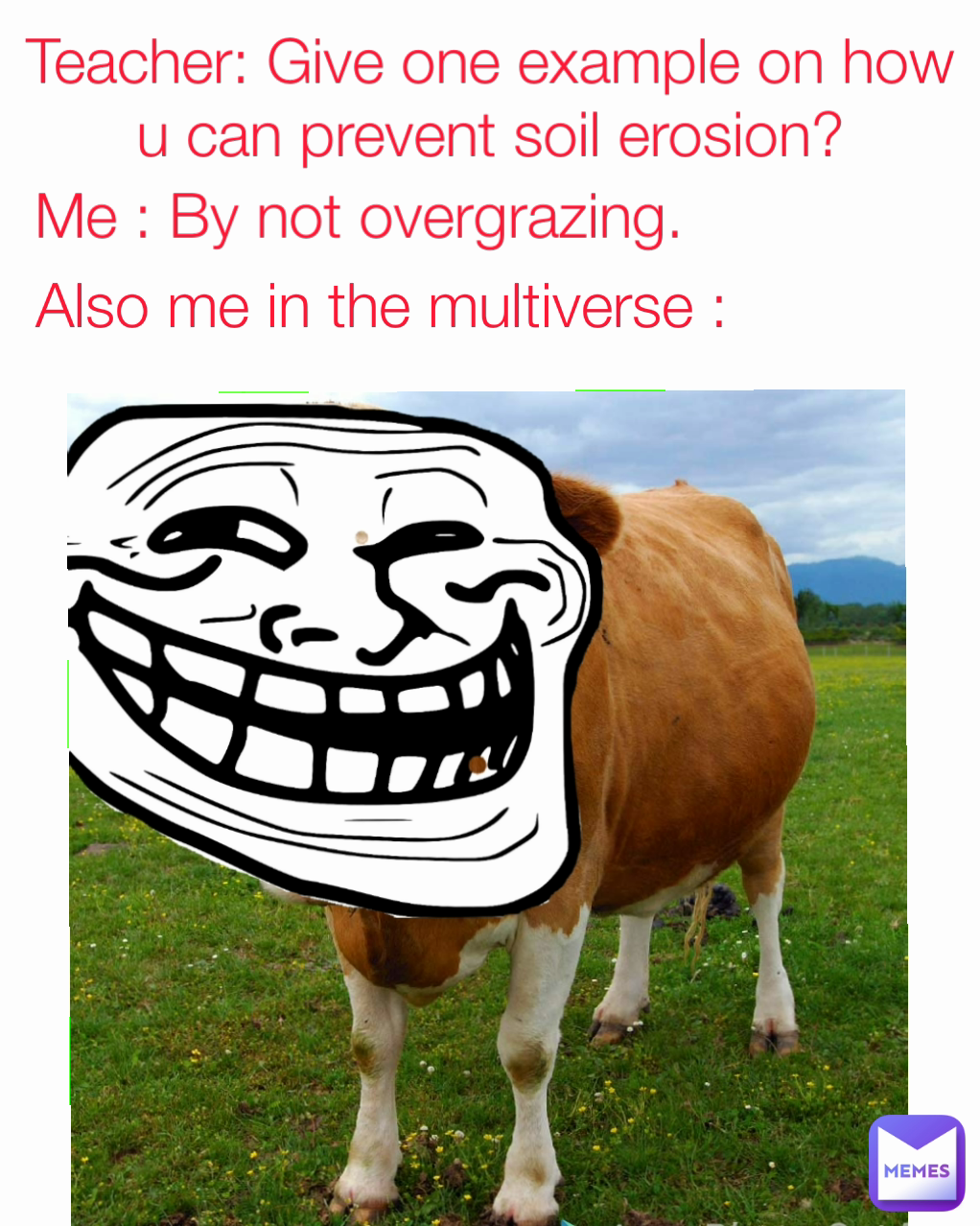 Also me in the multiverse : Teacher: Give one example on how u can prevent soil erosion? Me : By not overgrazing.