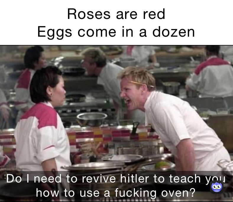 Roses are red
Eggs come in a dozen Do I need to revive hitler to teach you no
ow to use a fucking oven  Do I need to revive hitler to teach you how to use a fucking oven? 