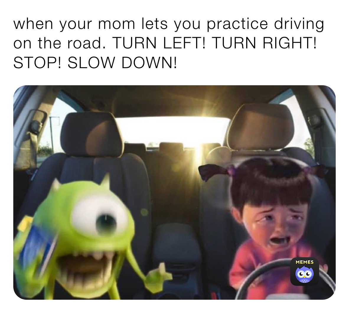 when your mom lets you practice driving on the road. TURN LEFT! TURN RIGHT! STOP! SLOW DOWN!