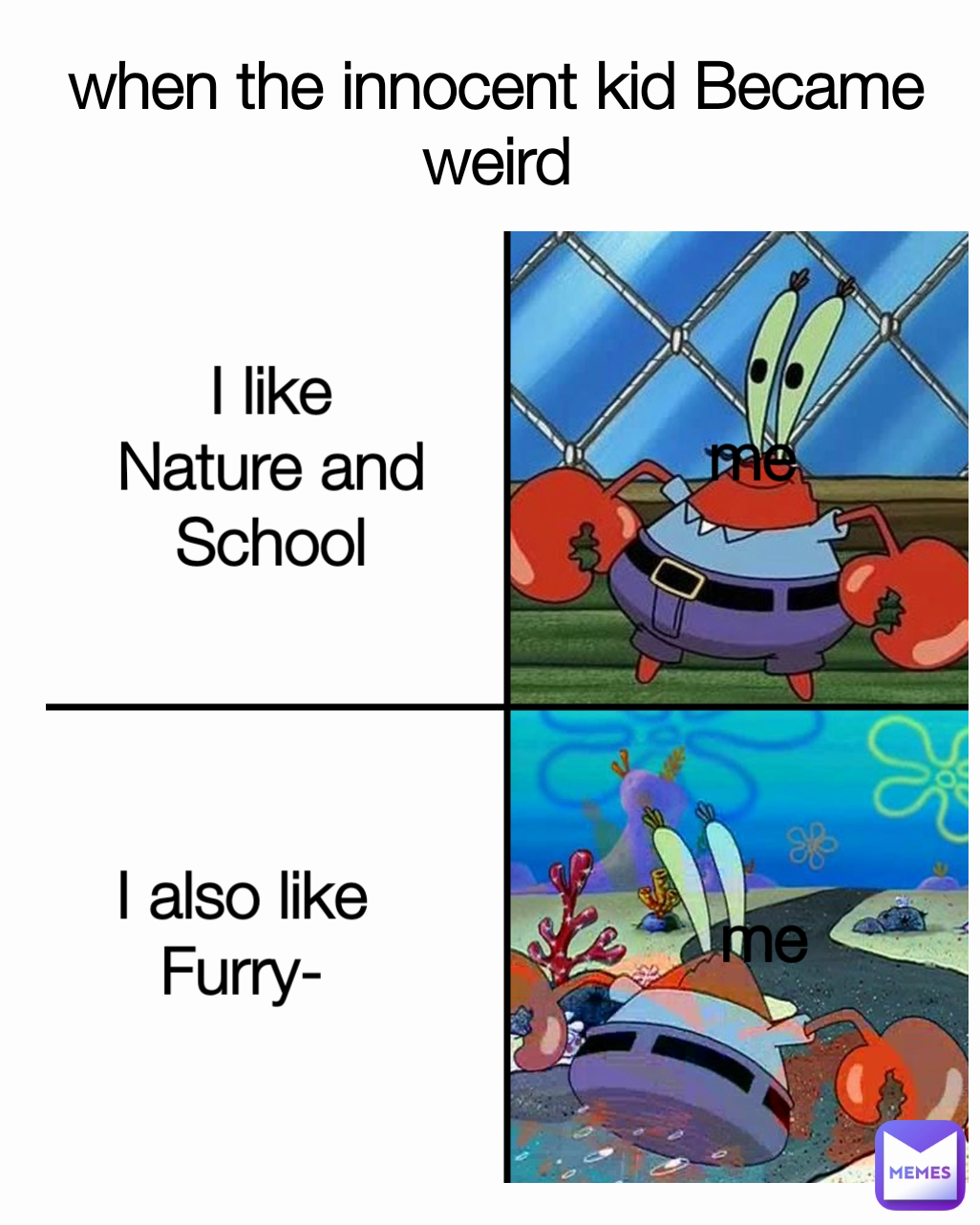 me me when the innocent kid Became weird I also like Furry- I like Nature and School