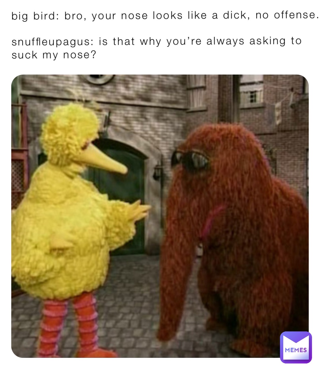 big bird: bro, your nose looks like a dick, no offense. 

snuffleupagus: is that why you’re always asking to suck my nose?