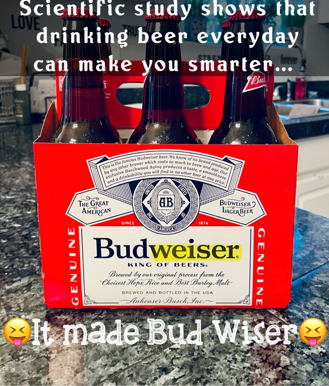 Scientific study shows that drinking beer everyday 
can make you smarter… 😝It made Bud Wiser😝