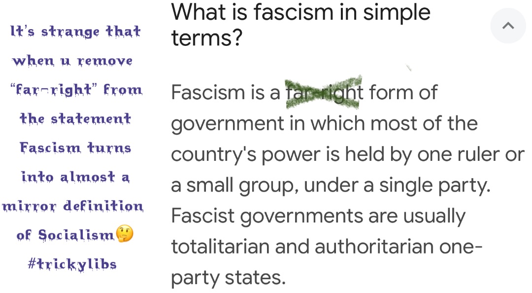 It’s strange that when u remove
 “far-right” from the statement Fascism turns into almost a mirror definition of Socialism🤔 #trickylibs