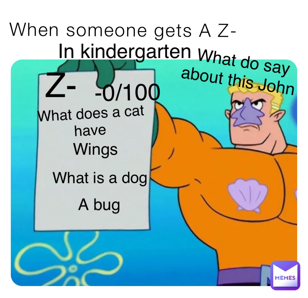 When someone gets A Z- -0/100 What do say about this John Z- What does a cat have Wings In kindergarten What is a dog A bug