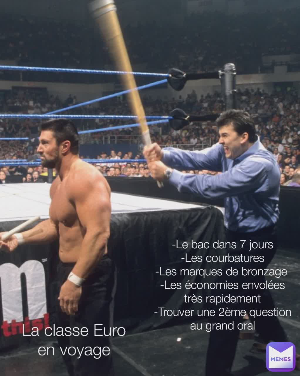 Type Text La classe Euro en voyage -Le bac dans 7 jours
-Les courbatures
-Les marques de bronzage 
-Les économies envolées très rapidement
-Trouver une 2ème question au grand oral
