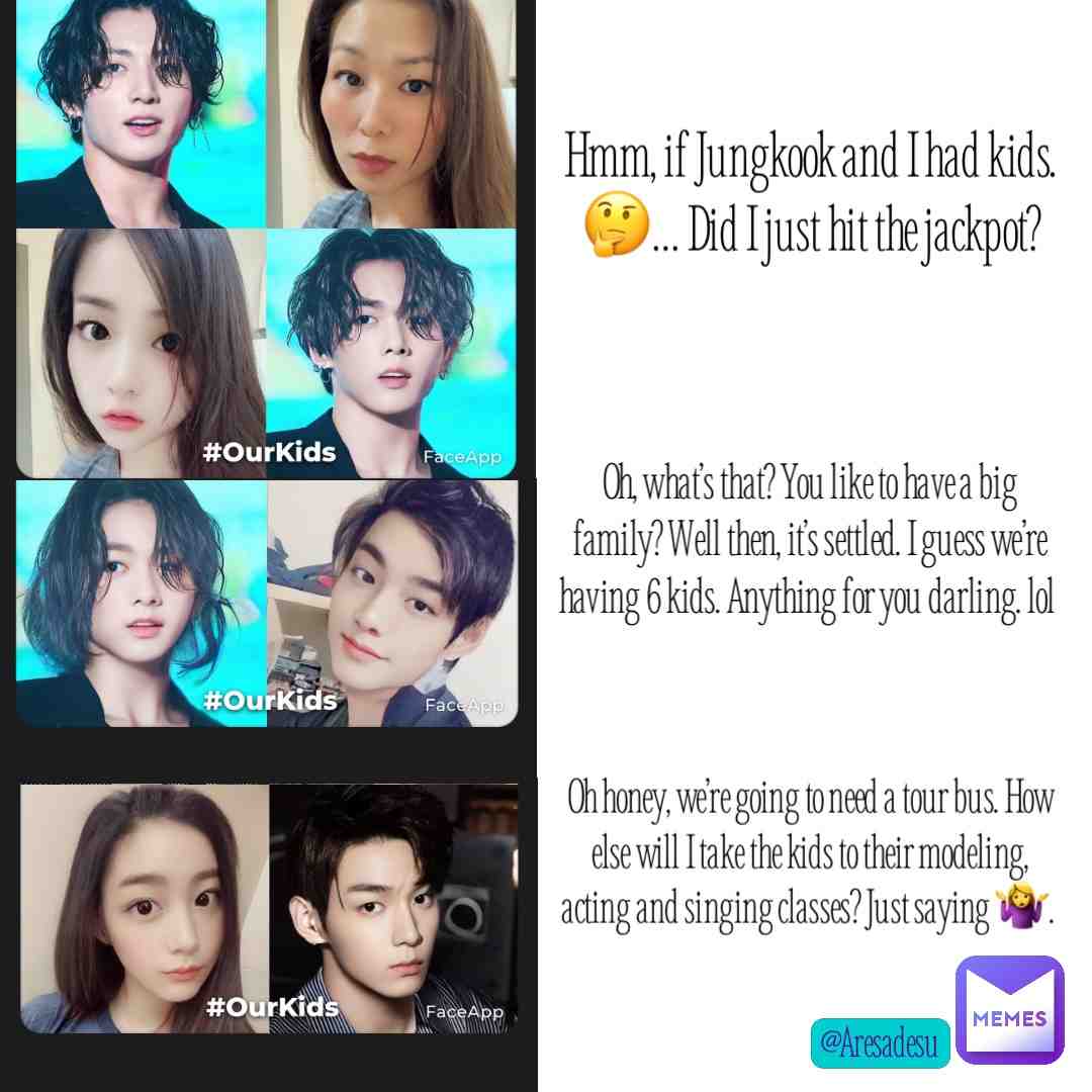 Alright, it’s family photo time kids..☺️ #whatifs  #bts  #jungkook  #children  #mix  #ethnicities #fun #funny #genes  #family #familyphotos #aresadesumemes
