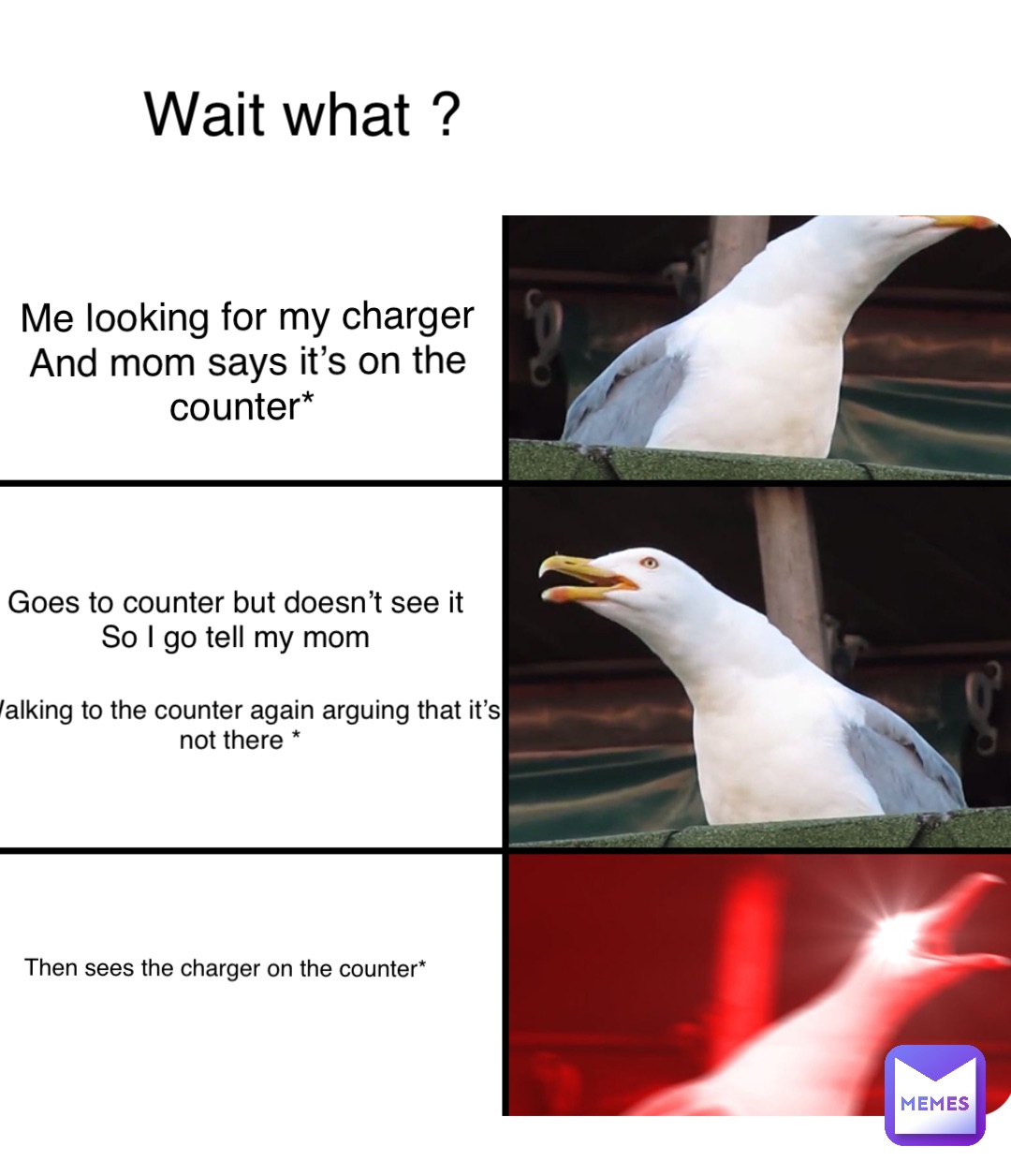 Wait what ? Me looking for my charger 
And mom says it’s on the counter* Goes to counter but doesn’t see it
So I go tell my mom Walking to the counter again arguing that it’s not there * Then sees the charger on the counter*