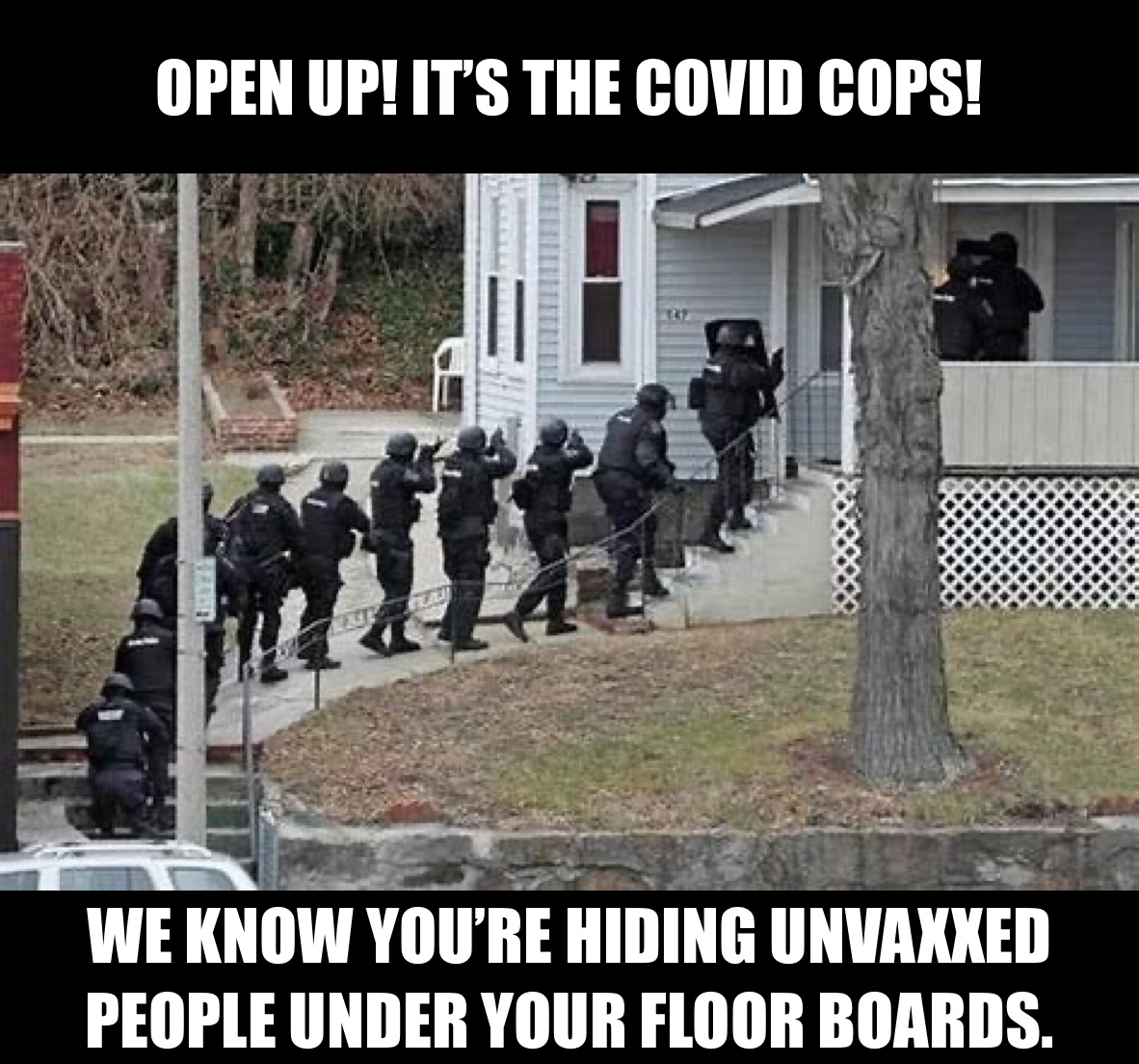 OPEN UP! IT’S THE COVID COPS! WE KNOW YOU’RE HIDING UNVAXXED PEOPLE UNDER YOUR FLOOR BOARDS.