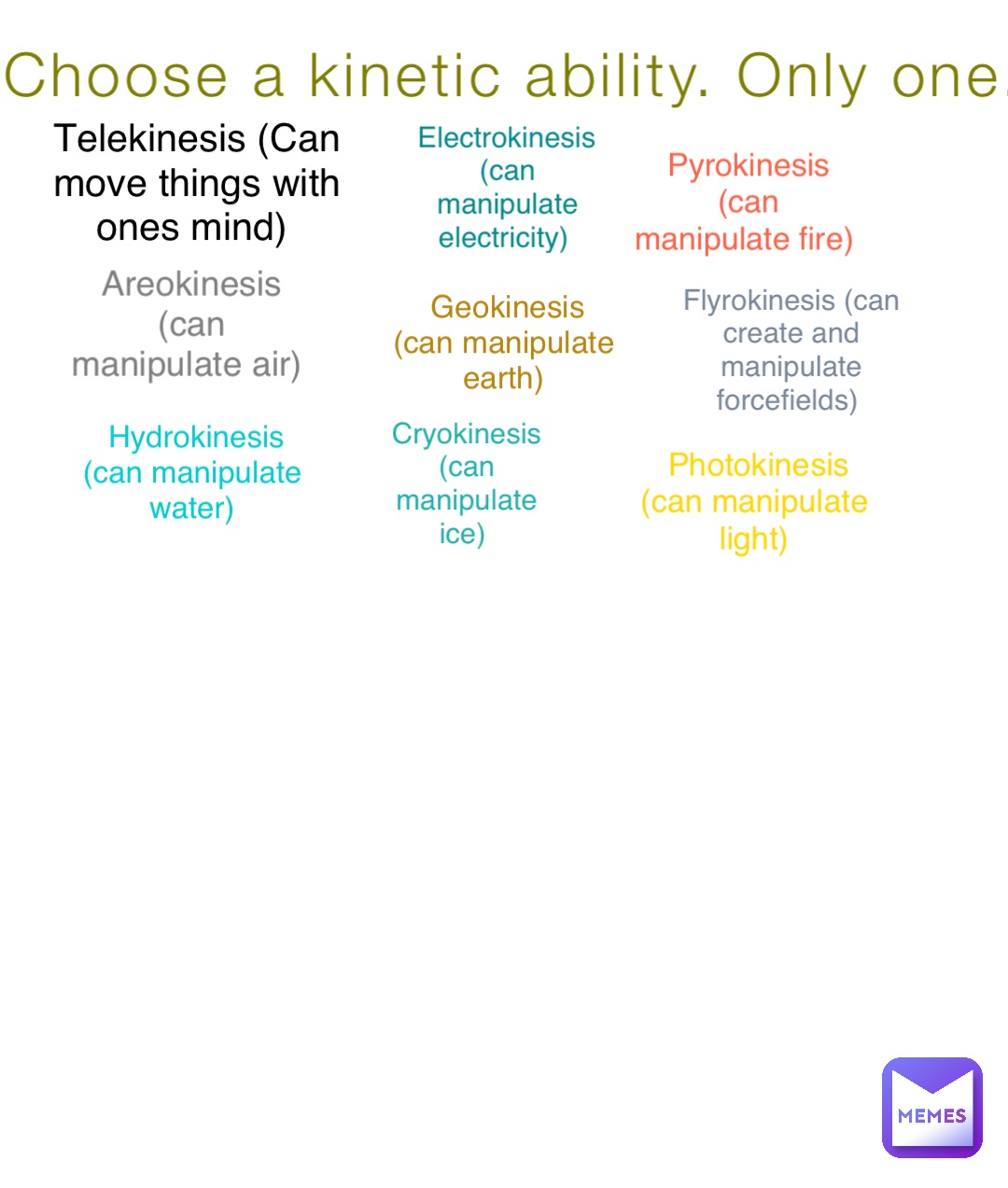Choose a ability. Only one. Telekinesis (Can move things with