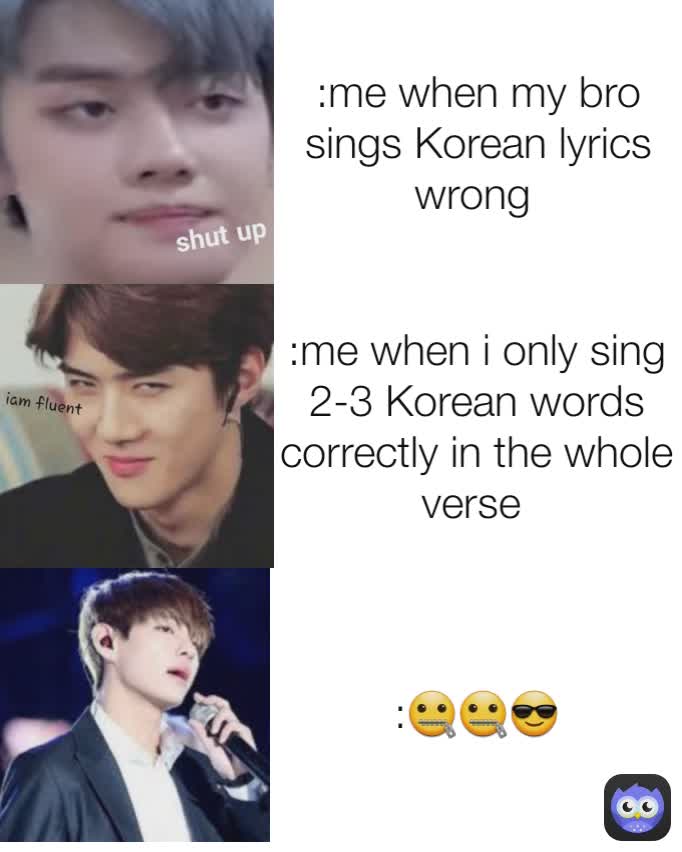 :🤐🤐😎 :me when i only sing 2-3 Korean words correctly in the whole verse  :me when my bro sings Korean lyrics wrong 