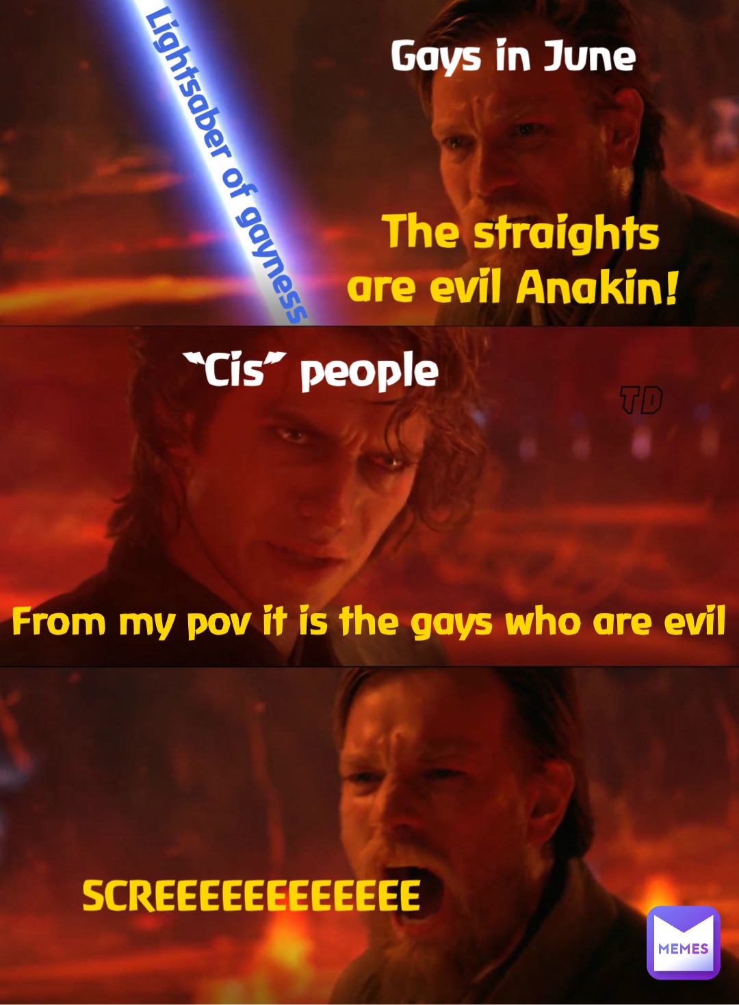 Double tap to edit Lightsaber of gayness The straights are evil Anakin! From my pov it is the gays who are evil “Cis” people Screeeeeeeeeeee Gays in June