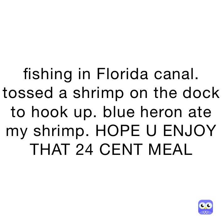 fishing in Florida canal. tossed a shrimp on the dock to hook up. blue heron ate my shrimp. HOPE U ENJOY THAT 24 CENT MEAL