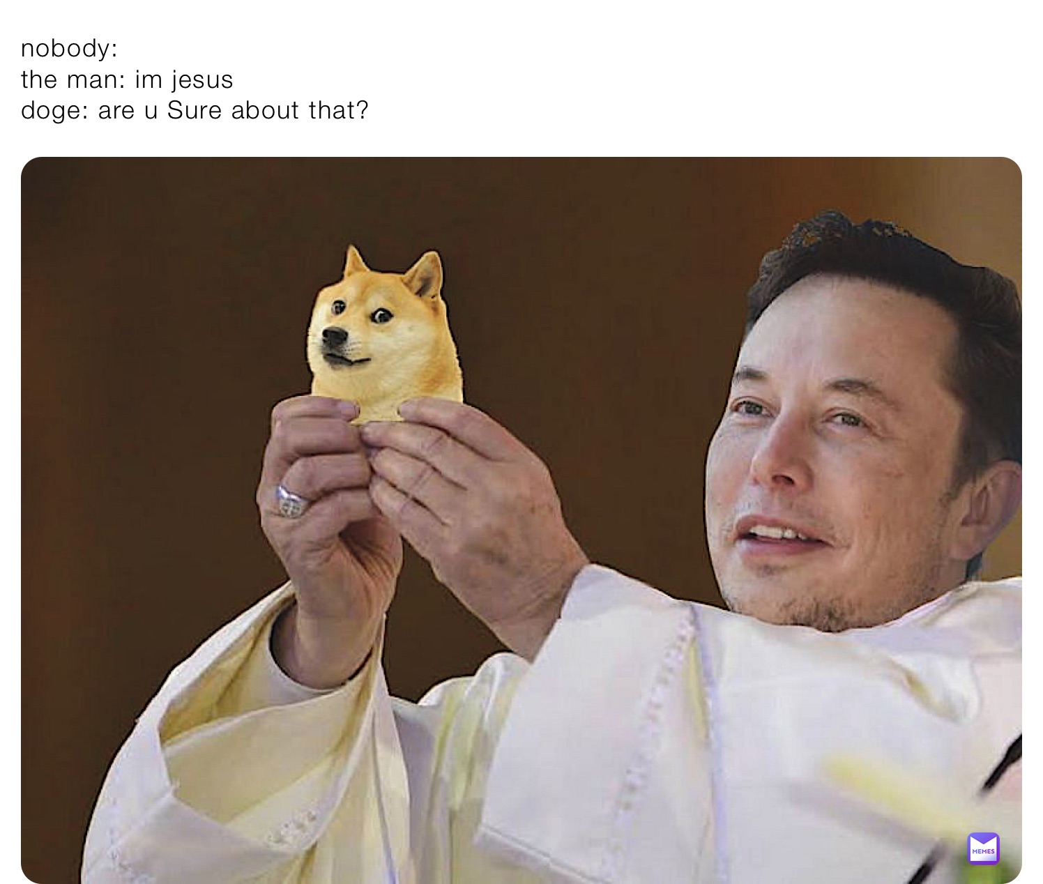 nobody: 
the man: im jesus
doge: are u Sure about that? 