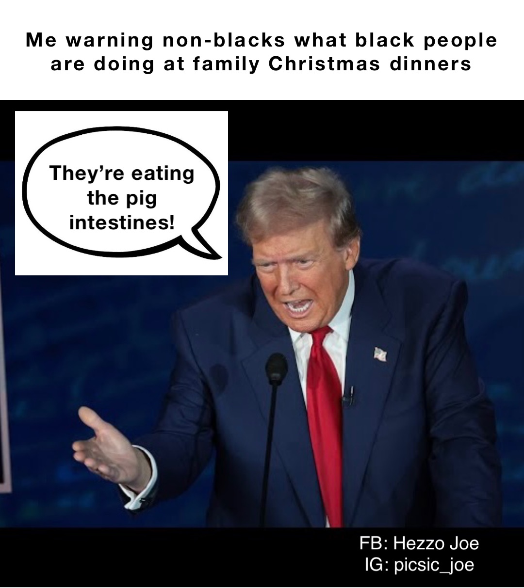 Me warning non-blacks what black people are doing at family Christmas dinners They’re eating
the pig
intestines! FB: Hezzo Joe
IG: picsic_joe