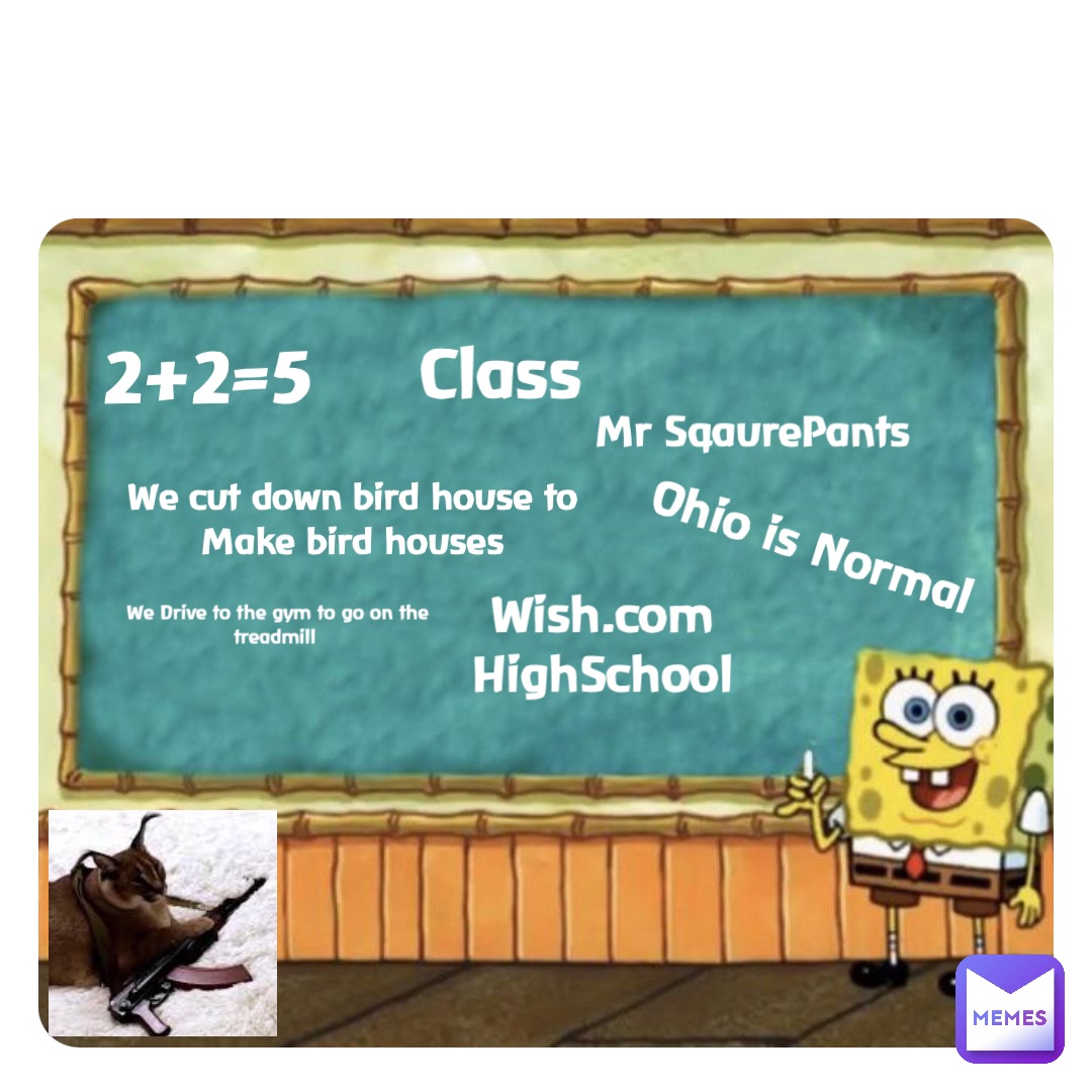 Double tap to edit We cut down bird house to
Make bird houses Class Mr SqaurePants Ohio is Normal 2+2=5 We Drive to the gym to go on the treadmill Wish.com
HighSchool