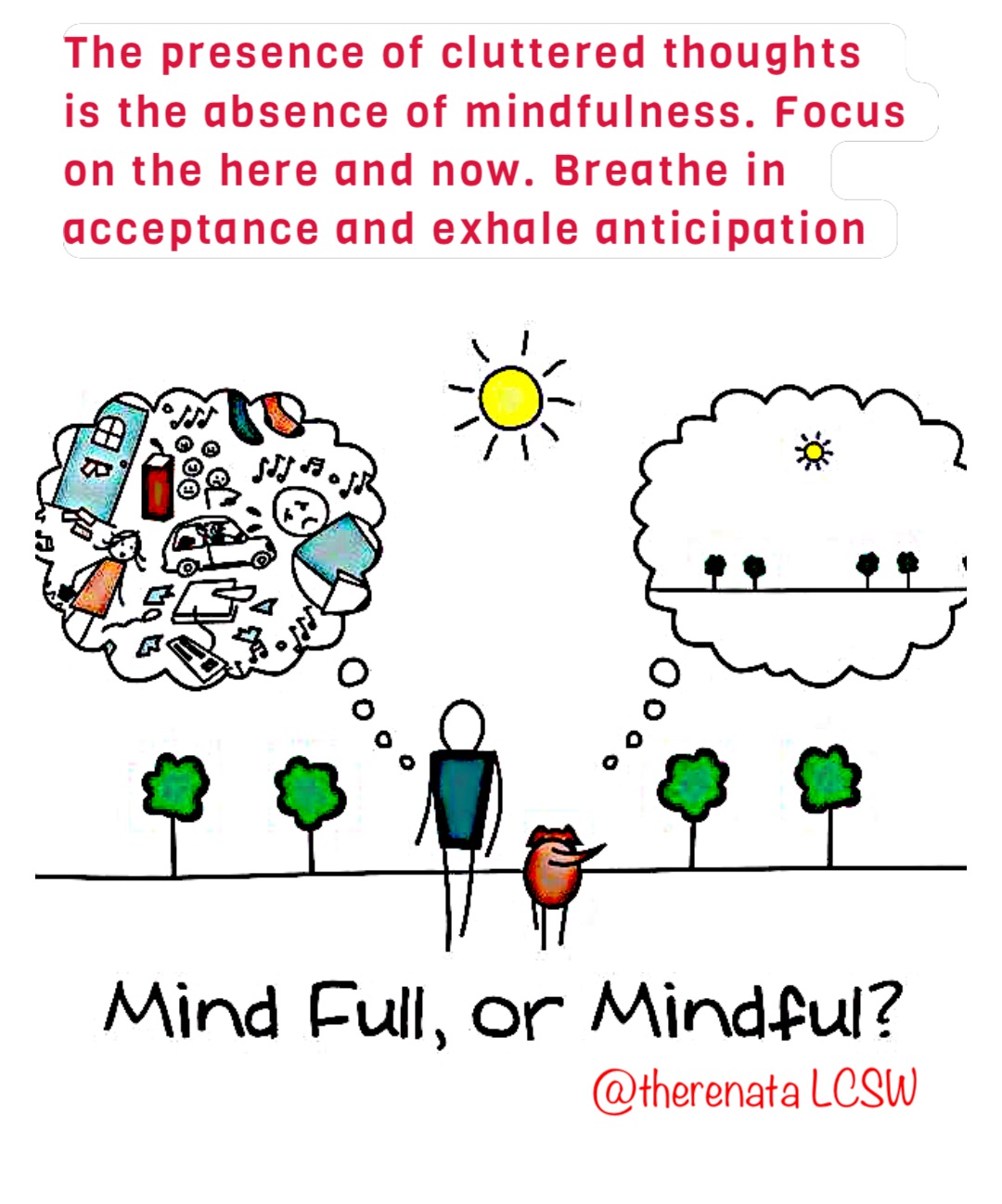 The presence of cluttered thoughts is the absence of mindfulness. Focus on the here and now. Breathe in acceptance and exhale anticipation