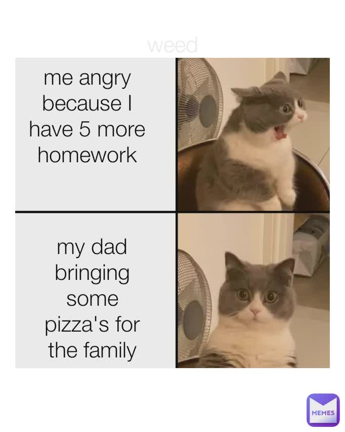 weed me angry because I have 5 more homework my dad bringing some pizza's for the family