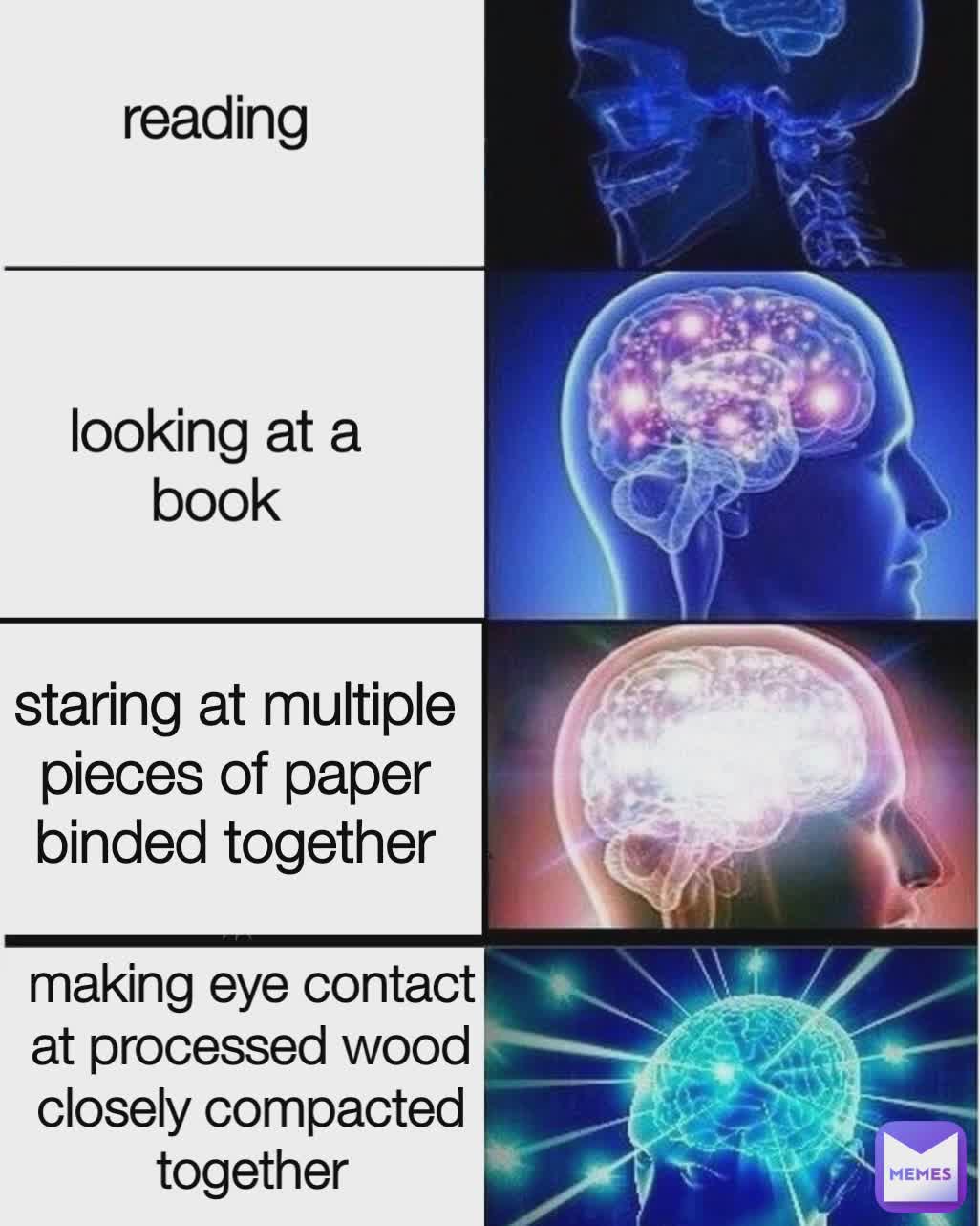 reading looking at a book staring at multiple pieces of paper binded together making eye contact at processed wood closely compacted together