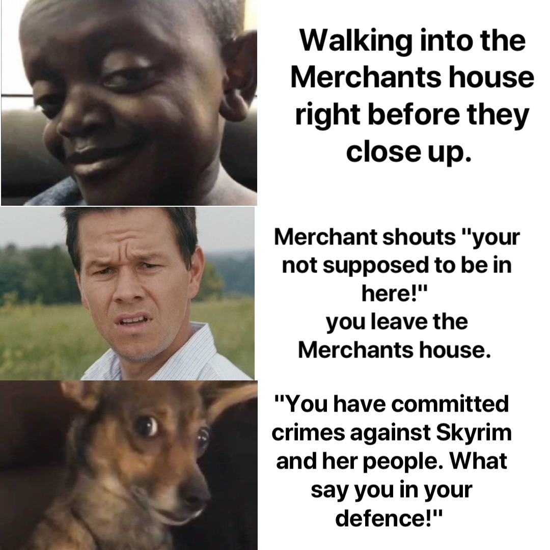 Walking into the Merchants house right before they close up. Merchant shouts "your not supposed to be in here!"
you leave the Merchants house. "You have committed crimes against Skyrim and her people. What say you in your defence!"