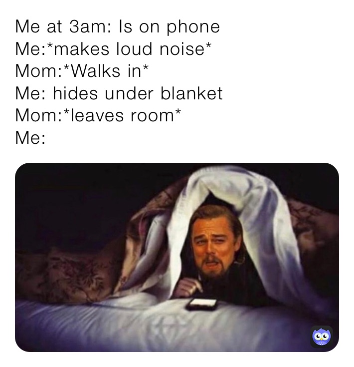 Me at 3am: Is on phone
Me:*makes loud noise*
Mom:*Walks in*
Me: hides under blanket
Mom:*leaves room*
Me: