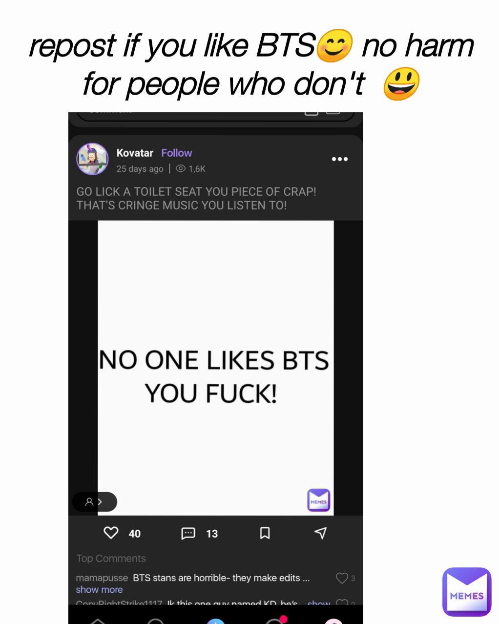repost if you like BTS😊 no harm for people who don't  😃