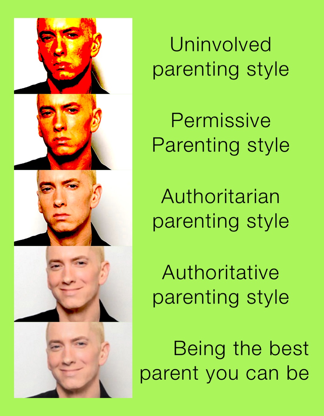 Uninvolved parenting style Permissive Parenting style Authoritarian parenting style Authoritative parenting style Being the best parent you can be