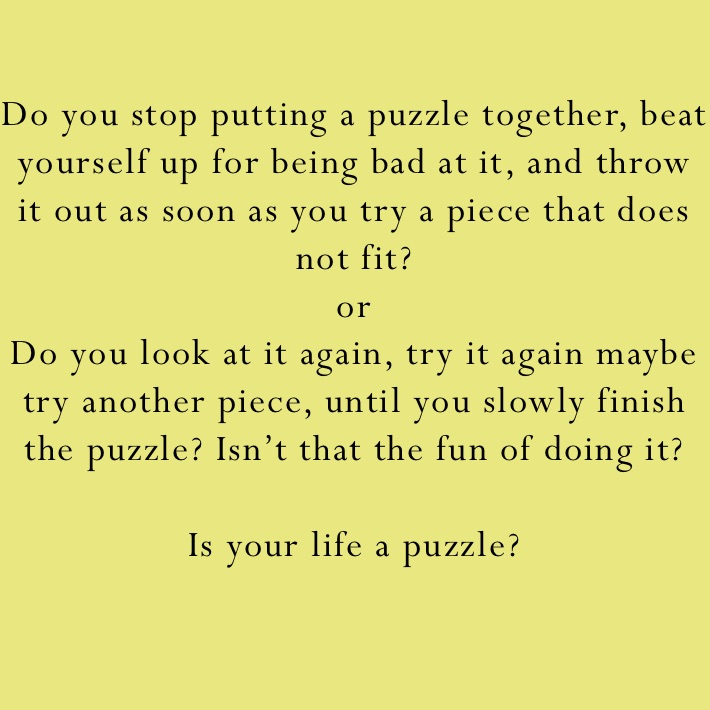 Do you stop putting a puzzle together, beat yourself up for being bad at it, and throw it out as soon as you try a piece that does not fit? 
or
Do you look at it again, try it again maybe try another piece, until you slowly finish the puzzle? Isn’t that the fun of doing it? 

Is your life a puzzle? 
