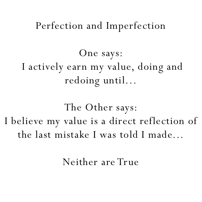 Perfection and Imperfection

One says: 
 I actively earn my value, doing and redoing until...

The Other says: 
I believe my value is a direct reflection of the last mistake I was told I made...

Neither are True
