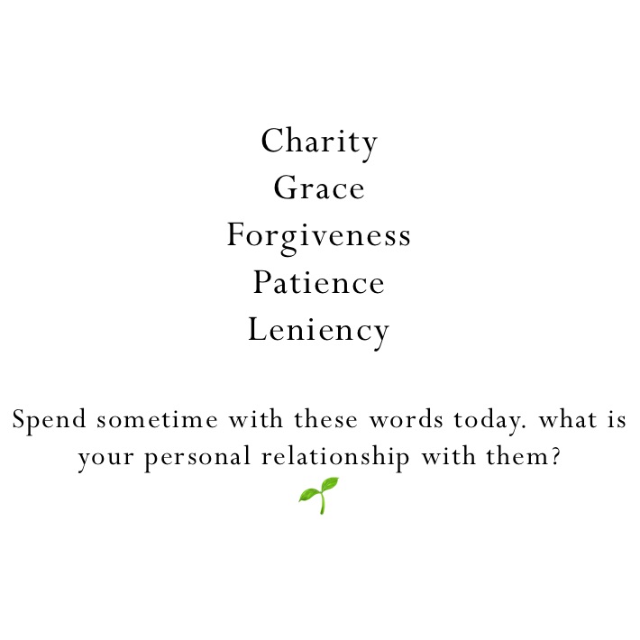 Charity
Grace
Forgiveness 
Patience
Leniency
 
Spend sometime with these words today. what is your personal relationship with them? 
🌱