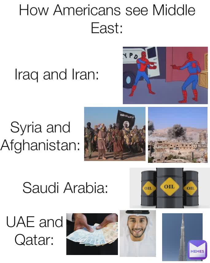 How Americans see Middle East:
 Iraq and Iran: Syria and Afghanistan: Saudi Arabia: UAE and Qatar: