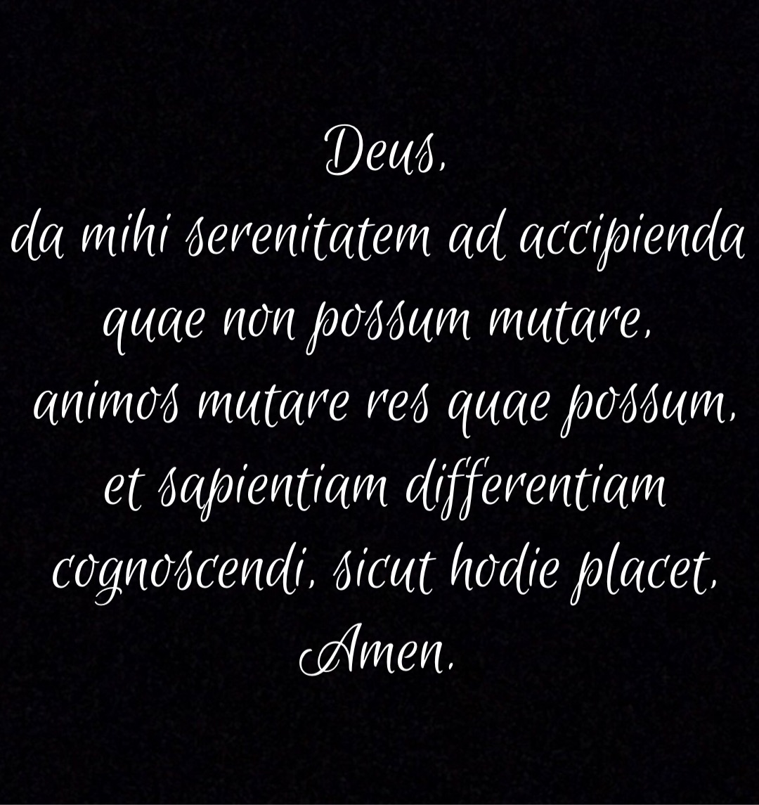 Deus, 
da mihi serenitatem ad accipienda quae non possum mutare,
animos mutare res quae possum, 
et sapientiam differentiam cognoscendi, sicut hodie placet, 
Amen.