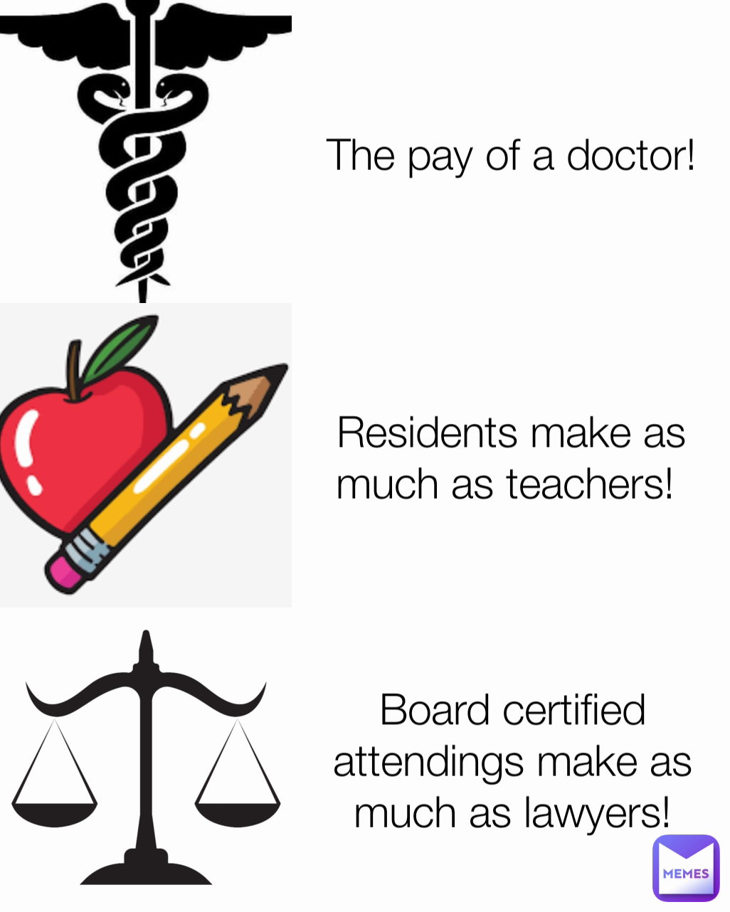 Residents make as much as teachers!  The pay of a doctor! Board certified attendings make as much as lawyers!