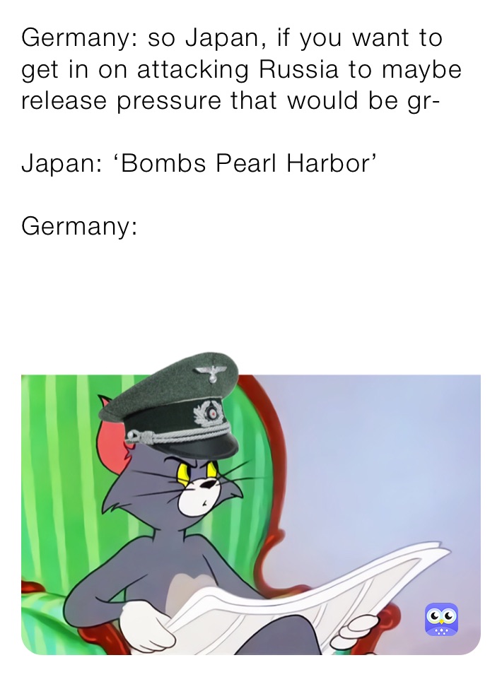 Germany: so Japan, if you want to get in on attacking Russia to maybe release pressure that would be gr-

Japan: ‘Bombs Pearl Harbor’

Germany: