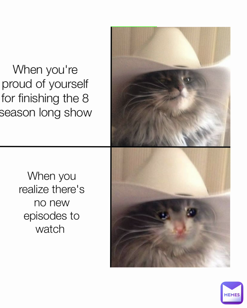 When you realize there's no new episodes to watch  When you're proud of yourself for finishing the 8 season long show