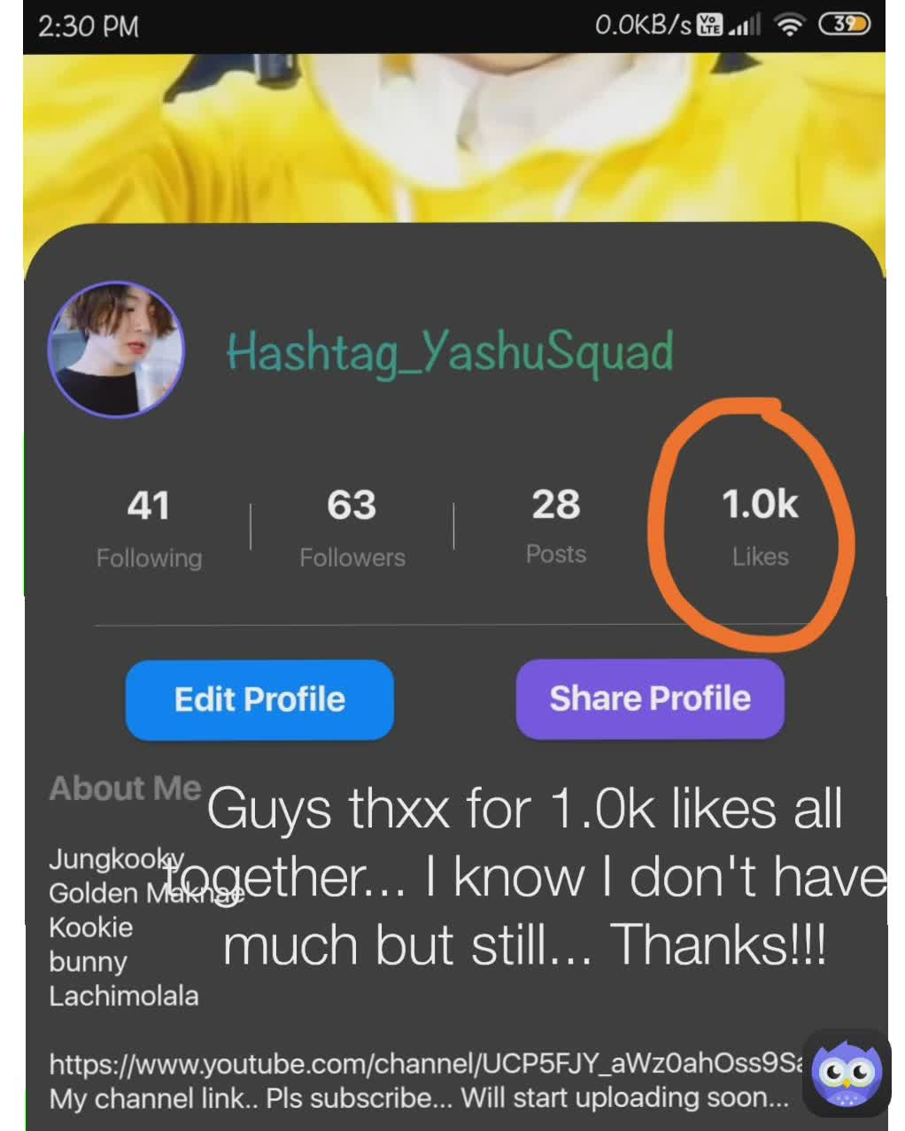 Guys thxx for 1.0k likes all together... I know I don't have much but still... Thanks!!!
