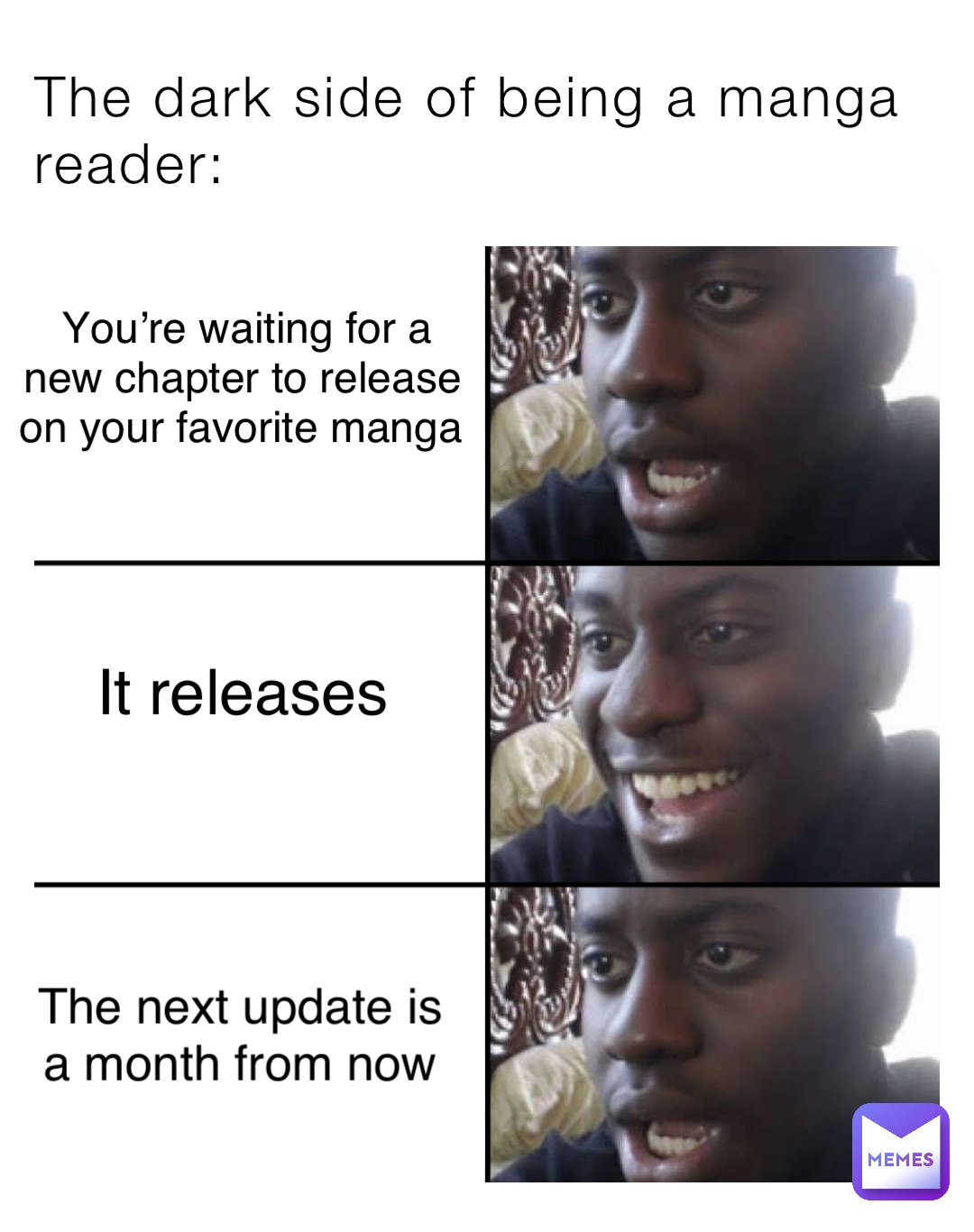 The dark side of being a manga reader: You’re waiting for a new chapter to release on your favorite manga It releases The next update is 
a month from now