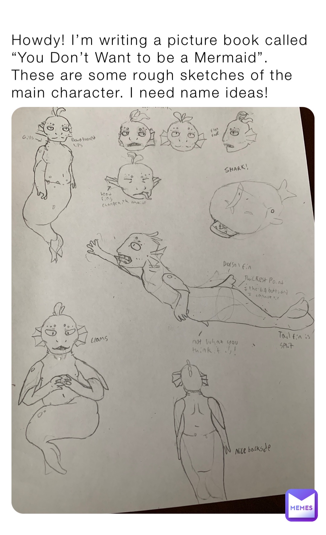 Howdy! I’m writing a picture book called “You Don’t Want to be a Mermaid”. These are some rough sketches of the main character. I need name ideas!