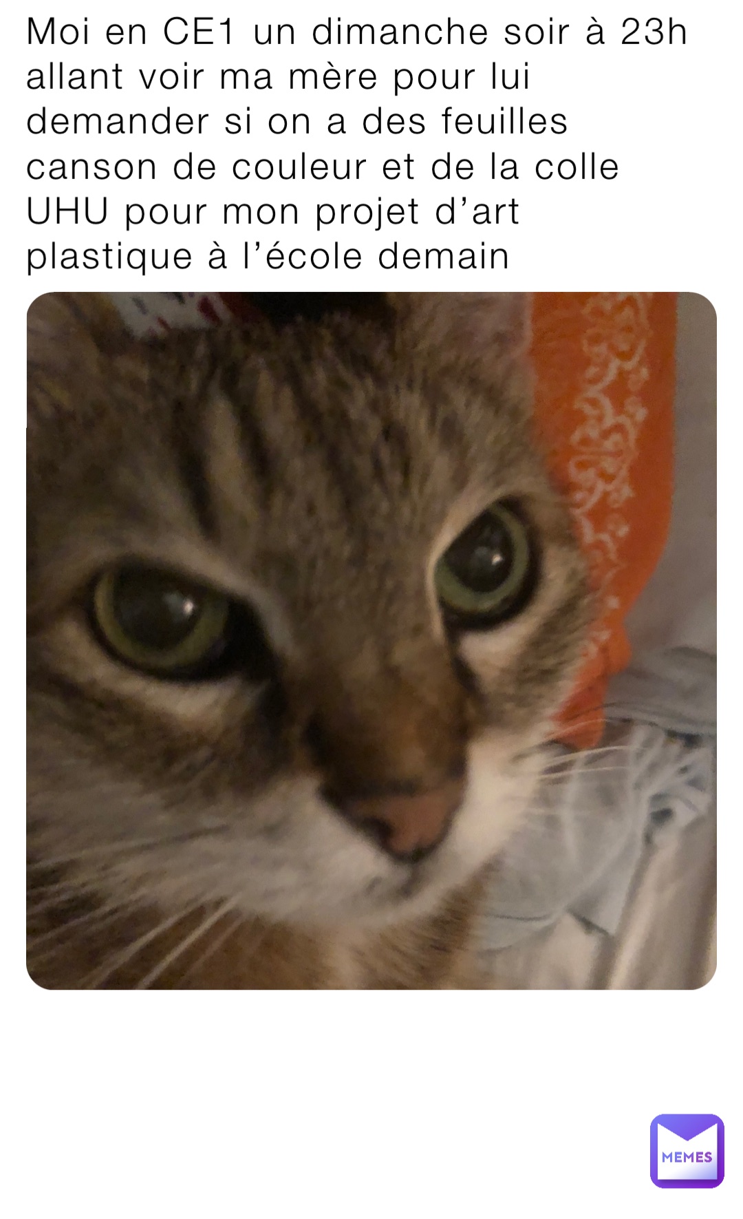 Moi en CE1 un dimanche soir à 23h allant voir ma mère pour lui demander si on a des feuilles canson de couleur et de la colle UHU pour mon projet d’art plastique à l’école demain