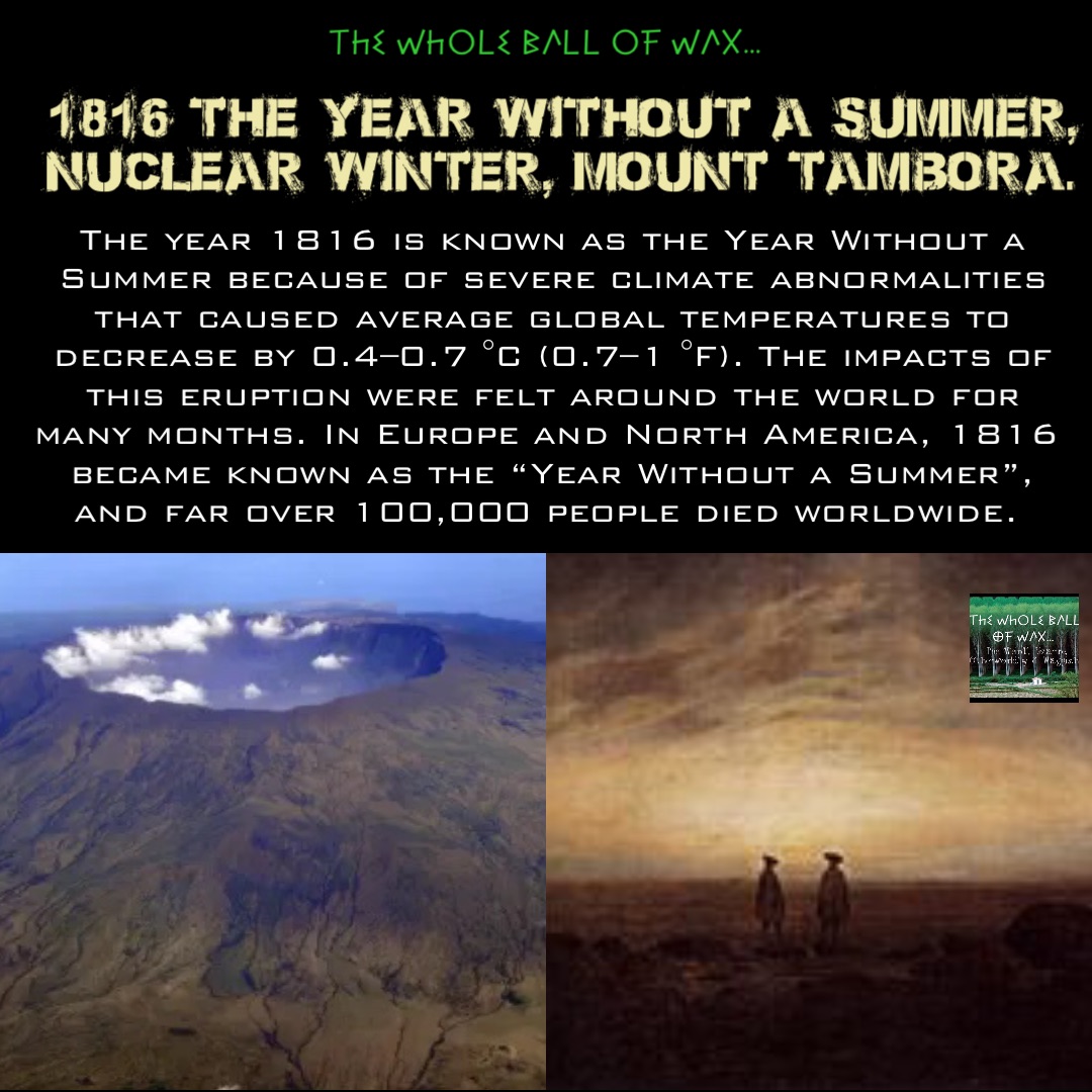 Double tap to edit Double tap to edit The year 1816 is known as the Year Without a Summer because of severe climate abnormalities that caused average global temperatures to decrease by 0.4–0.7 °C (0.7–1 °F). The impacts of this eruption were felt around the world for many months. In Europe and North America, 1816 became known as the “Year Without a Summer”, and far over 100,000 people died worldwide. 1816 The Year Without A Summer, Nuclear Winter, Mount Tambora.