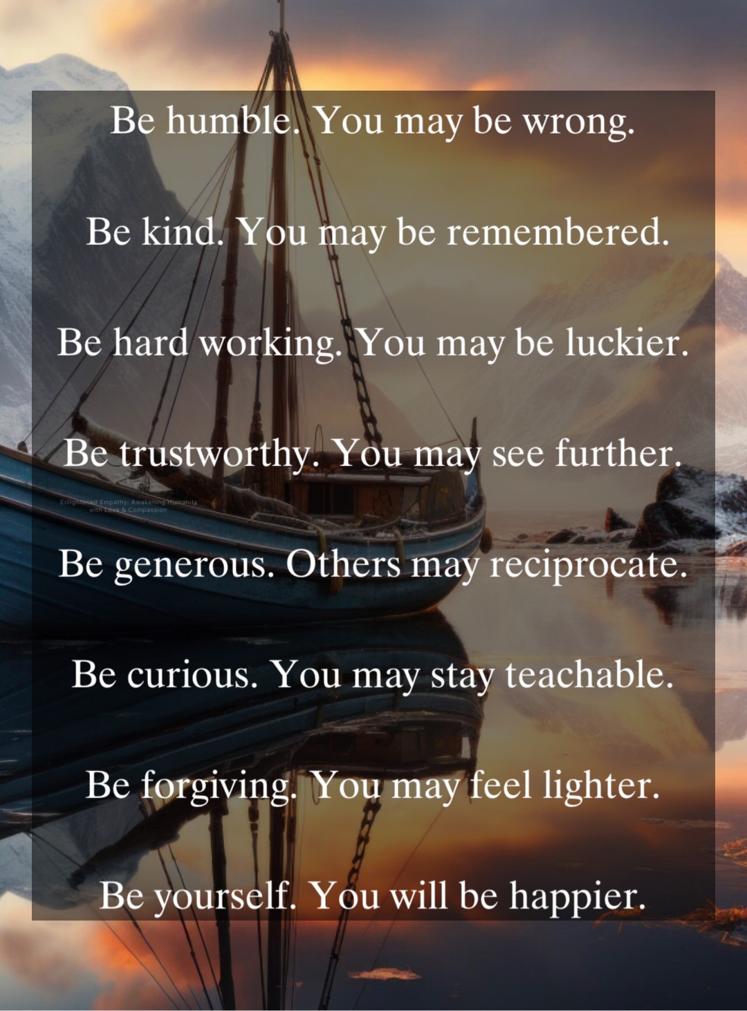 Be humble. You may be wrong.

Be kind. You may be remembered. 

Be hard working. You may be luckier.

Be trustworthy. You may see further.

Be generous. Others may reciprocate.

Be curious. You may stay teachable.

Be forgiving. You may feel lighter.

Be yourself. You will be happier.