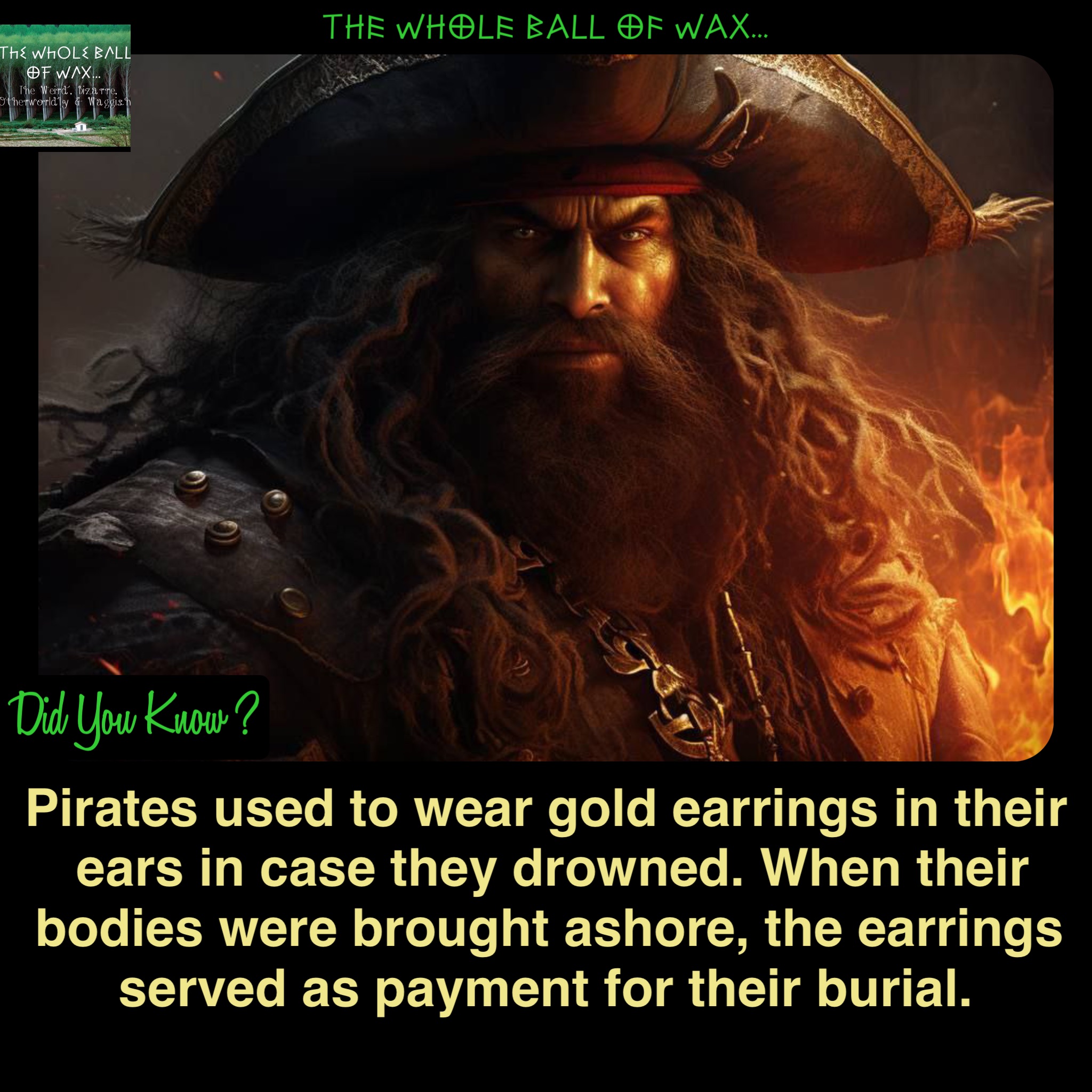 Double tap to edit Pirates used to wear gold earrings in their ears in case they drowned. When their bodies were brought ashore, the earrings served as payment for their burial.
