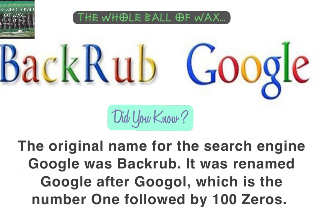 The original name for the search engine Google was Backrub. It was renamed Google after Googol, which is the number One followed by 100 Zeros.