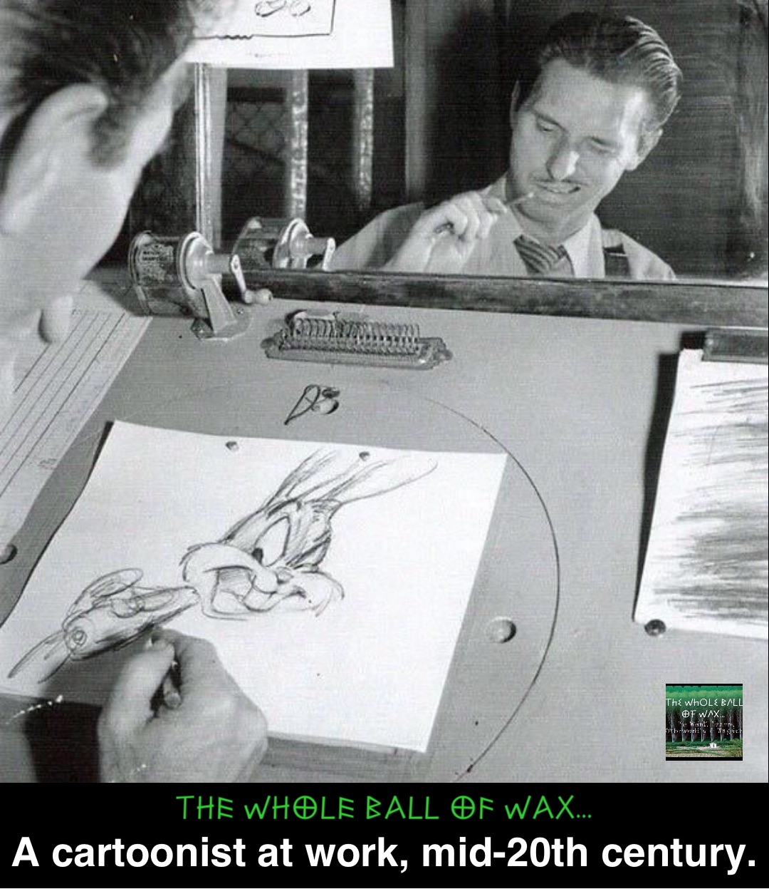 A cartoonist at work, mid-20th century.